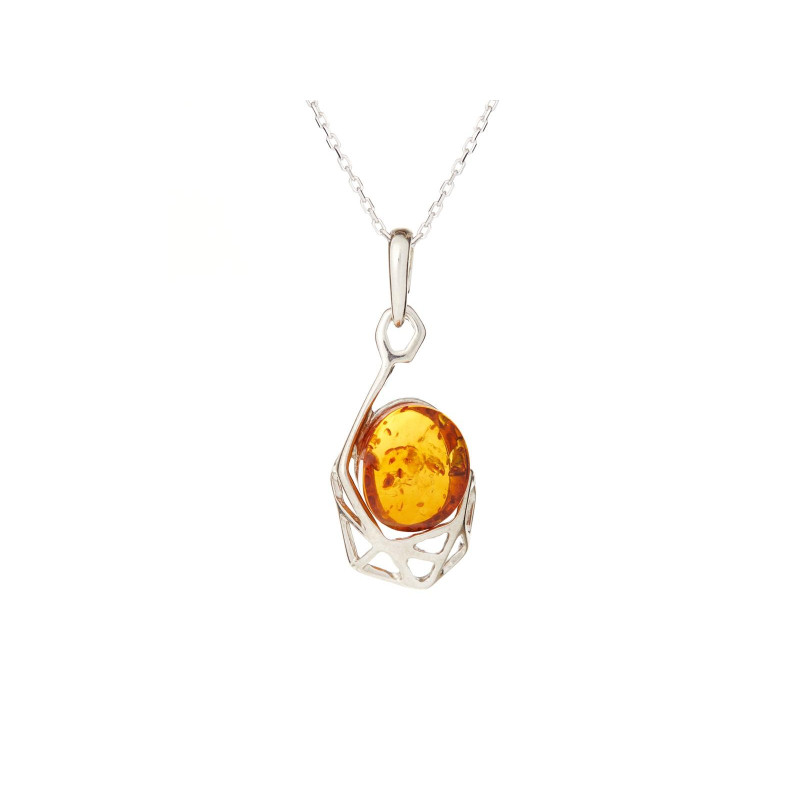 Anhänger mit ovalem Cognac-Bernstein, aus 925 rhodiniertem Silber, Höhe 2+1 cm