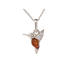 Colgante colibrí con gota de ámbar y óxido de circonio, en plata 925 rodiada