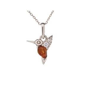 Hummingbird pendant with drop amber and zirconium oxide, in rhodium-plated silver 925