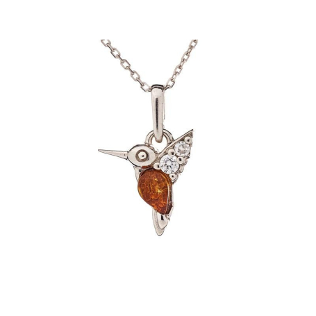Pendentif colibri avec ambre goutte et oxyde zirconium, en argent rhodié 925