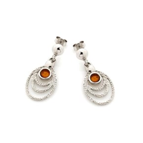 Boucles d'oreilles pendantes oeil de paon avec ambre cognac, argent rhodié