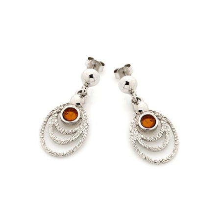 Peacock eye drop earrings with cognac amber, rhodium silver
