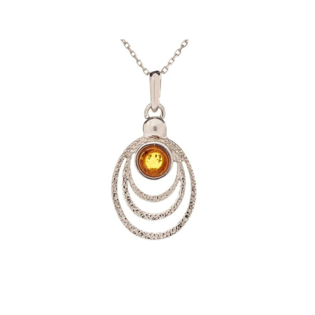 Peacock eye pendant with round natural cognac amber, in 925 rhodium silver