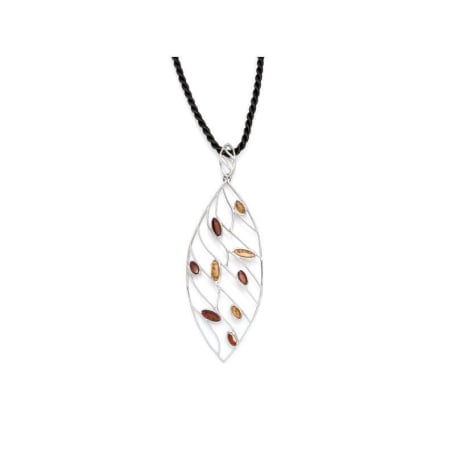 Halsketting met cognac amber, in 925 gerhodineerd zilver, lengte 45 + 3 cm