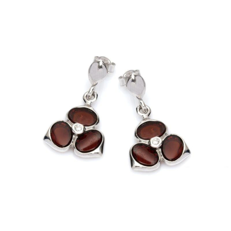 Earrings with natural cognac amber, in 925 rhodium silver