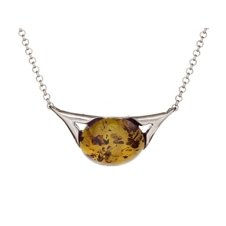 Halsketting met ovale cognac barnsteen, in gerhodineerd zilver 925, lengte 40 + 5 cm