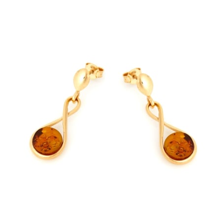Orecchini con ambra naturale cognac, in argento dorato 925