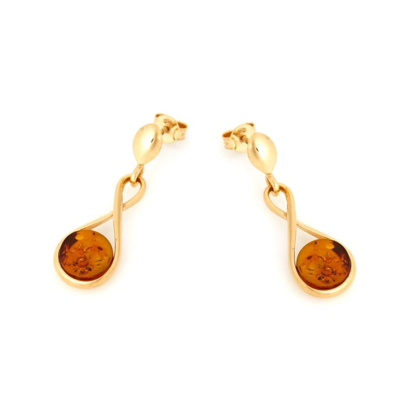 Orecchini con ambra naturale cognac, in argento dorato 925