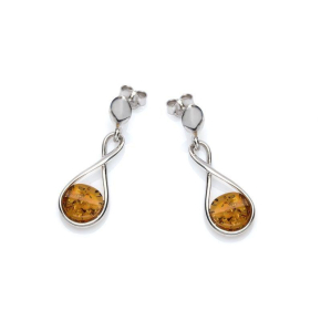 Boucles d'oreilles pendantes avec ambre cognac rond, en argent rhodié 925