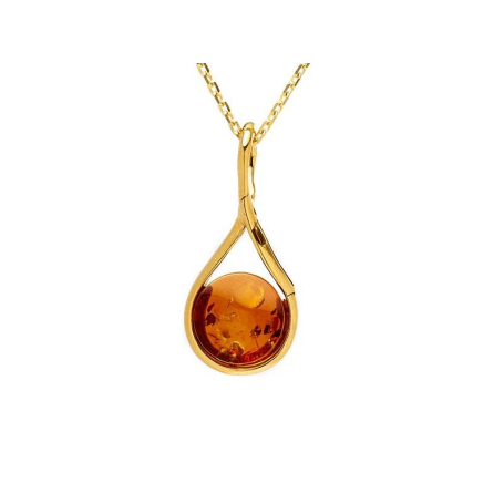 Pendentif avec ambre cognac rond, en argent doré 925, hauteur 2 cm