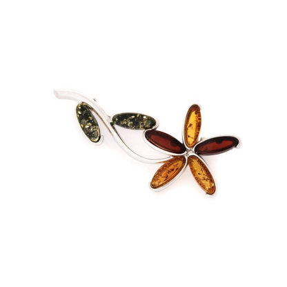 Flower brooch with oval natural multi-colored amber, in 925 rhodium silver