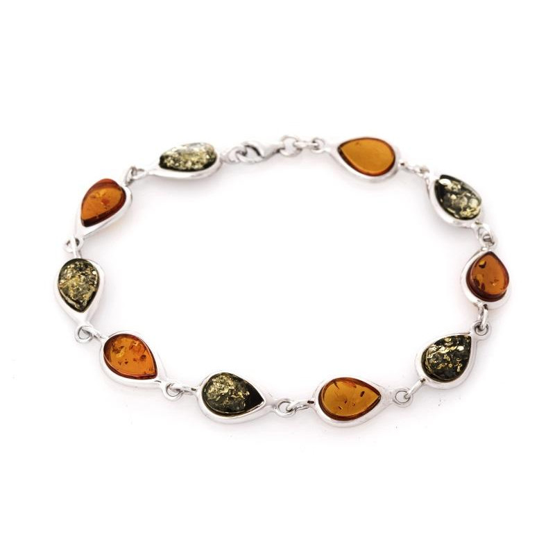 Pulseira com gota âmbar conhaque, em prata 925 banhada a ródio, comprimento 19 cm
