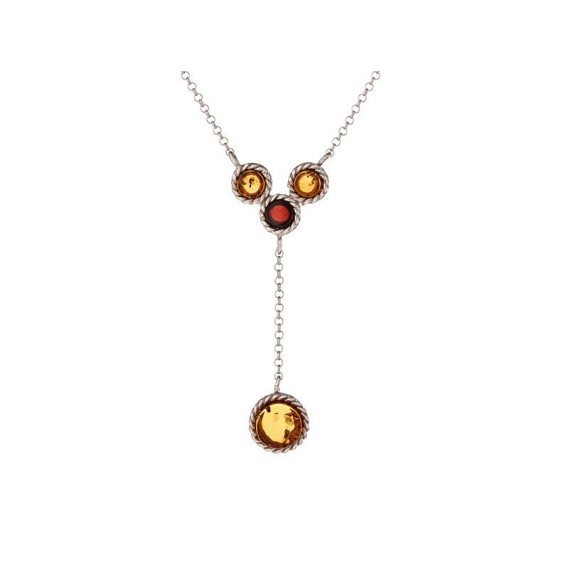 Collana con ambra tonda cognac, in argento 925 rodiato, lunghezza 42+5 cm