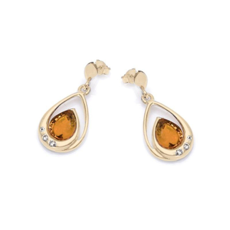 Boucles d'oreilles avec ambre et cristal swarovski, en argent doré 925