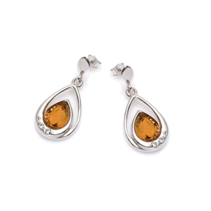 Boucles d'oreilles pendantes avec ambre et cristal swarovski, argent rhodié 925