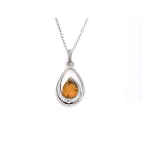 Necklace with drop amber and Swarovski crystal, in 925 rhodium silver, 42 + 3 cm