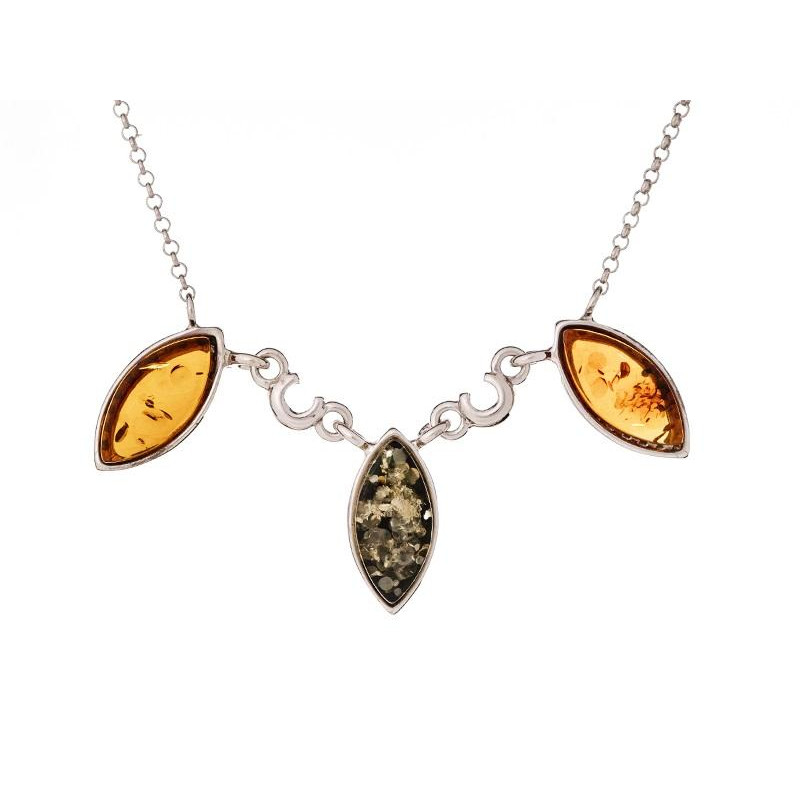 Collier avec ambre multicolore navette, en argent rhodié 925, longueur 42 +3 cm