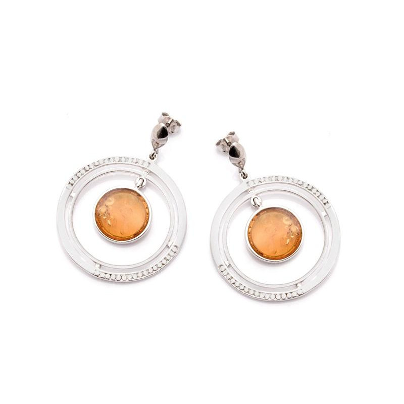 Pendientes con ámbar coñac natural, en plata 925 rodiada