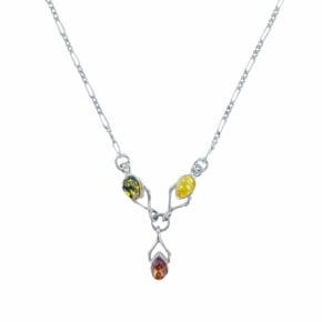 Necklace with natural multi-colored amber from the Baltic Sea, in 925 rhodium silver