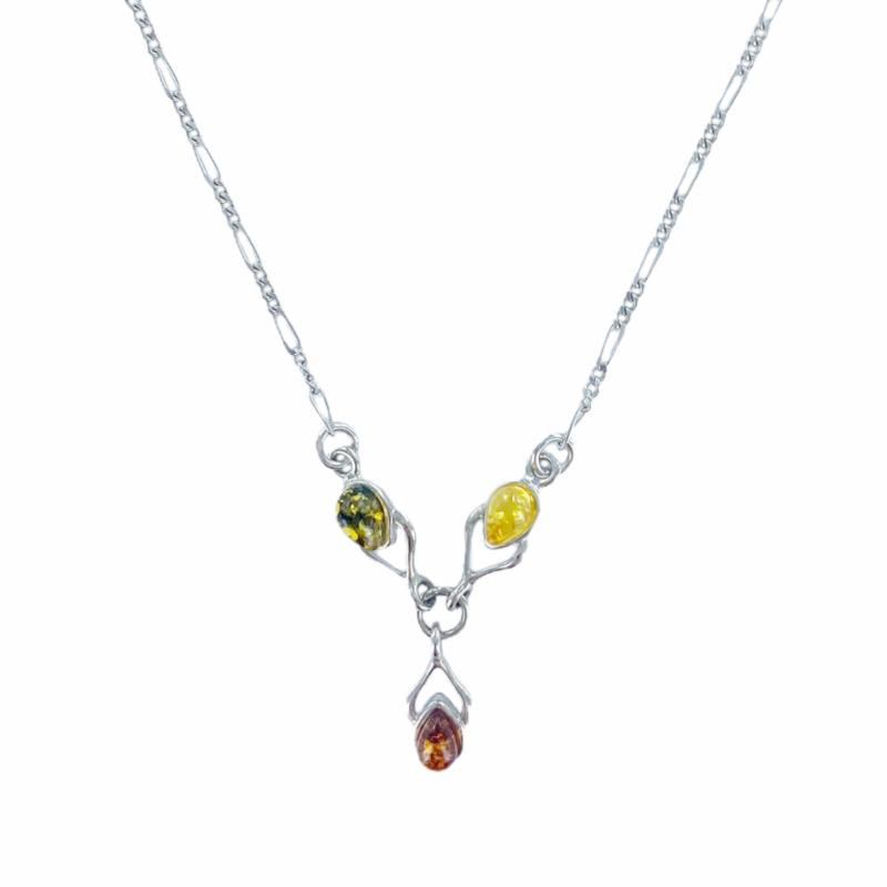 Colar com âmbar natural multicolorido do Mar Báltico, feito de prata banhada a ródio 925