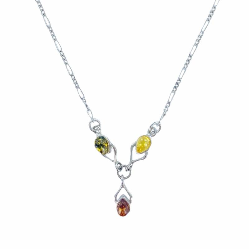 Colier cu chihlimbar natural multicolor de la Marea Baltica, din argint 925 placat cu rodiu