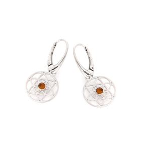 Boucles d'oreilles fleur de vie avec ambre cognac naturel, en argent rhodié 925