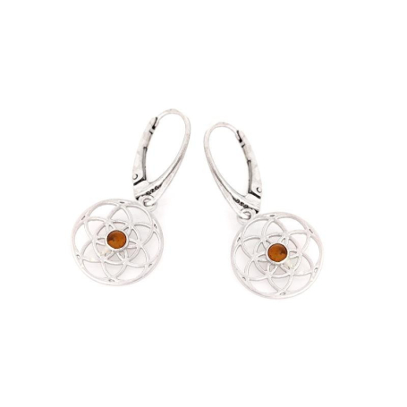 Boucles d'oreilles fleur de vie avec ambre cognac naturel, en argent rhodié 925