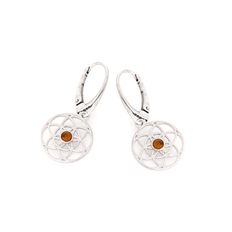 Ohrringe „Blume des Lebens“ mit natürlichem Cognac-Bernstein, aus 925er rhodiniertem Silber