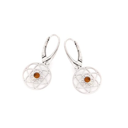 Flower of life earrings with natural cognac amber, in 925 rhodium silver