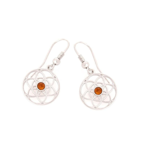 Boucles d'oreilles fleur de vie avec ambre cognac naturel, en argent rhodié 925