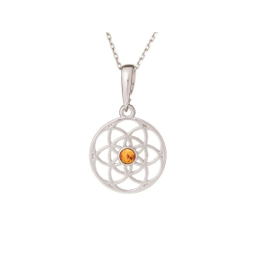 Pendentif fleur de vie avec ambre cognac, argent rhodié 925, diamètre 3+0,8 cm