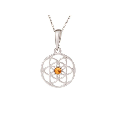 Pendentif fleur de vie avec ambre cognac, argent rhodié 925, diamètre 3+0,8 cm