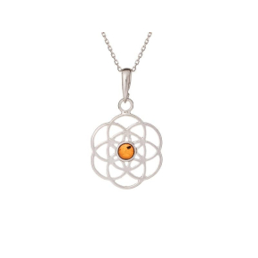 Pendentif fleur de vie avec ambre cognac, en argent rhodié 925, hauteur 2+1 cm