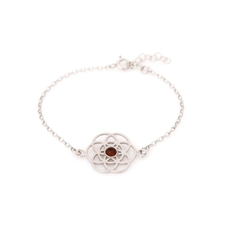 Pulsera flor de la vida con ámbar coñac, en plata 925 rodiada, longitud 16+ 3 cm