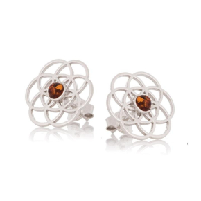 Boucles d'oreilles fleur de vie avec ambre cognac naturel, en argent rhodié 925