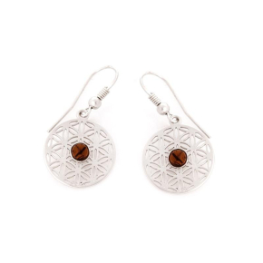Boucles d'oreilles fleur de vie avec ambre cognac naturel, en argent rhodié 925