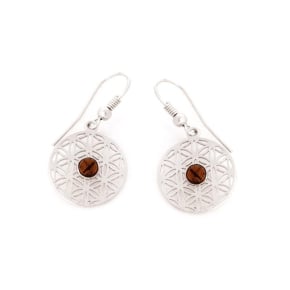 Levensbloem oorbellen met natuurlijk cognac amber, in 925 gerhodineerd zilver