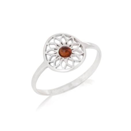 Bague fleur de vie avec ambre cognac naturel, en argent rhodié 925
