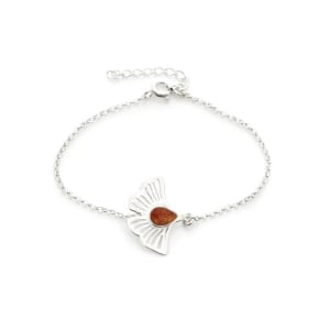 Bracelet gingko avec ambre cognac, en argent rhodié 925, longueur 16+3,5 cm