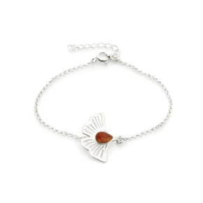 Pulsera Gingko con ámbar coñac, en plata 925 rodiada, longitud 16+3,5 cm