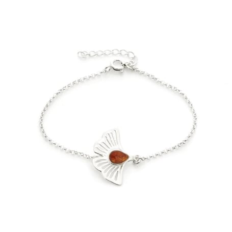Bracciale Gingko con ambra cognac, in argento 925 rodiato, lunghezza 16+3,5 cm
