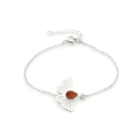 Pulseira Gingko com âmbar conhaque, em prata 925 banhada a ródio, comprimento 16+3,5 cm