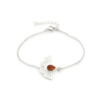 Gingko bracelet with cognac amber, in 925 rhodium silver, length 16+3.5 cm