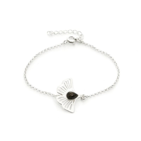 Gingko bracelet with green amber, in 925 rhodium silver, length 16+3.5 cm