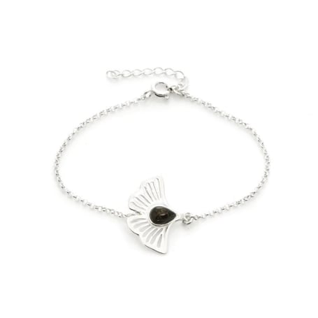 Bracciale Gingko con ambra verde, in argento 925 rodiato, lunghezza 16+3,5 cm