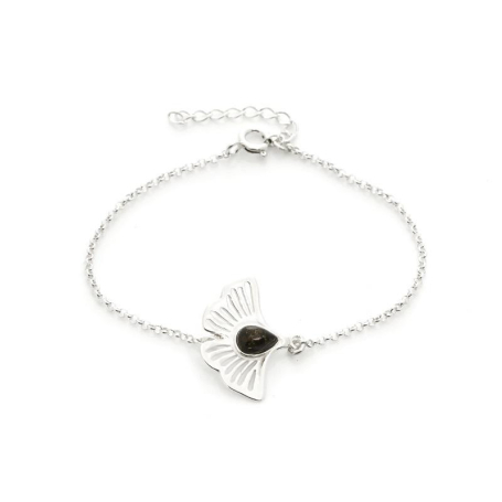 Gingko bracelet with green amber, in 925 rhodium silver, length 16+3.5 cm