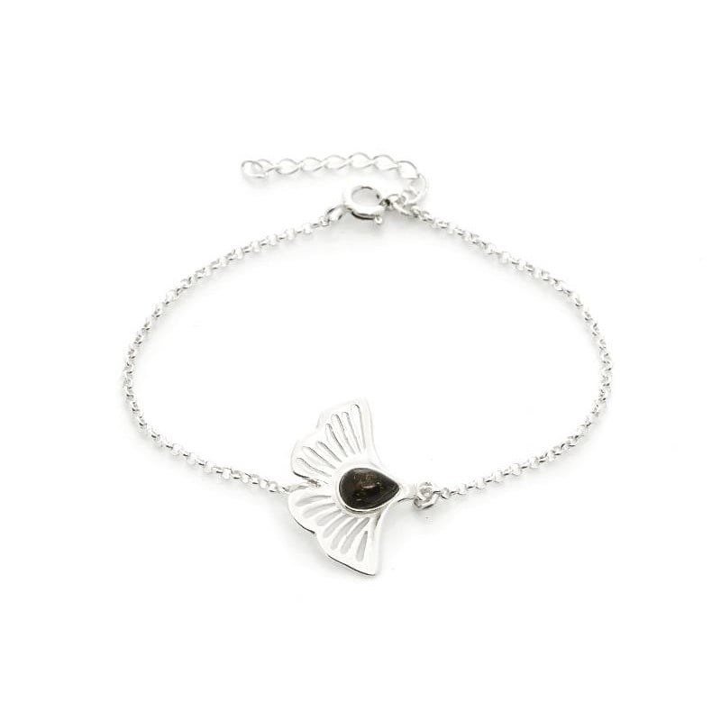 Pulsera Gingko con ámbar verde, en plata 925 rodiada, longitud 16+3,5 cm