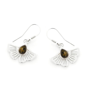 Brincos Gingko com âmbar verde natural, em prata 925 com banho de ródio