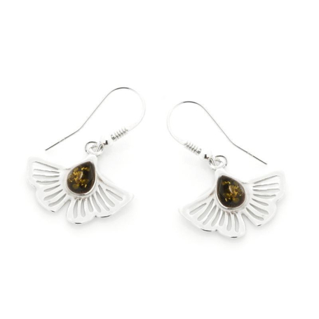 Gingko earrings with natural green amber, in 925 rhodium silver