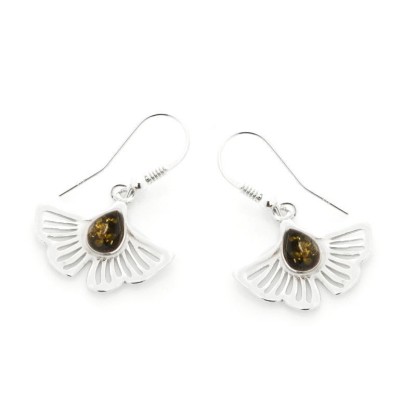 Boucles d'oreilles gingko avec ambre vert naturel, en argent rhodié 925